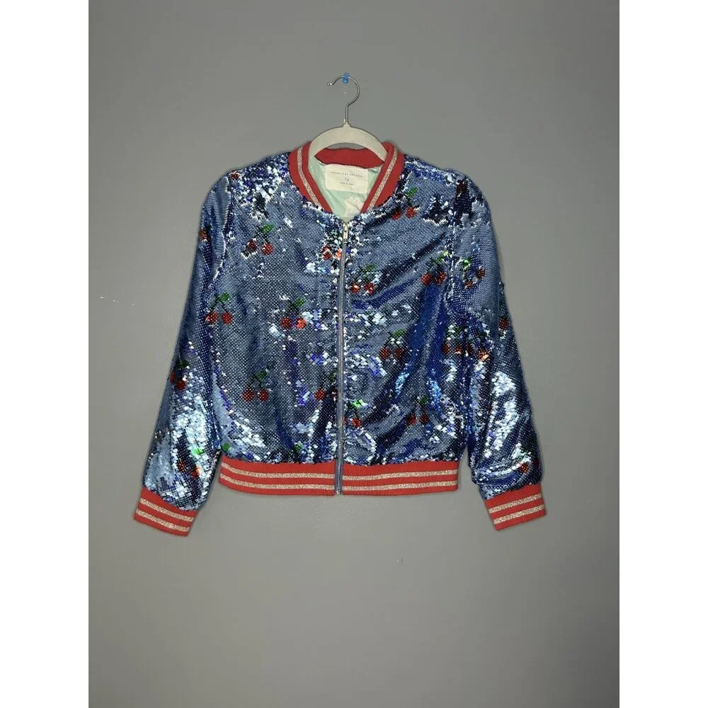 Rockets of Awesome Sequin Bomber Jacket Girls Large (14) Cherry Full Zip Sparkle